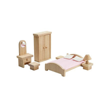 Dolllhouse bedroom furniture on a white background including vanity, stool, closet, bed, 2 side tables, and a lamp