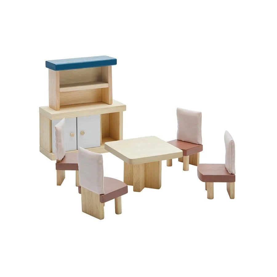 Doll furniture dining room set containing a shelf and cupboard with a table and 4 chairs in front