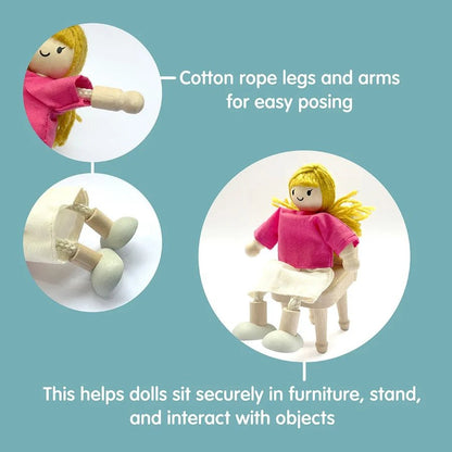 Diagram showing wooden doll with cotton rope legs and arms for easy posing
