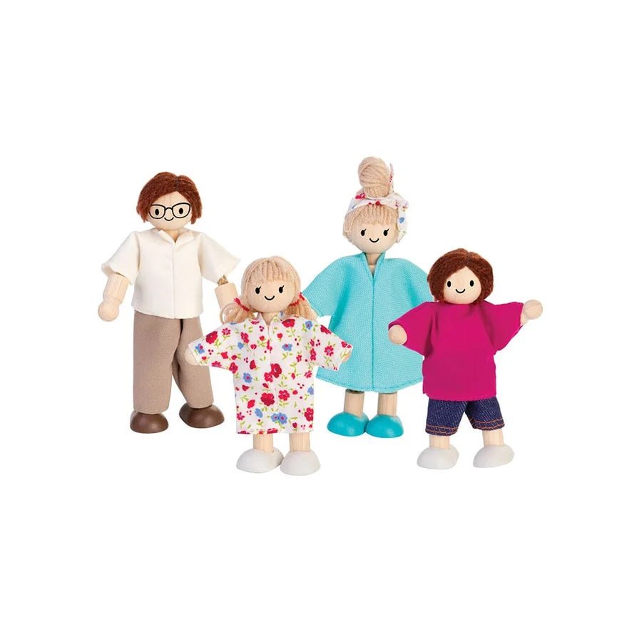 4 wooden dolls with light skin and blonde or brown hair on a white background