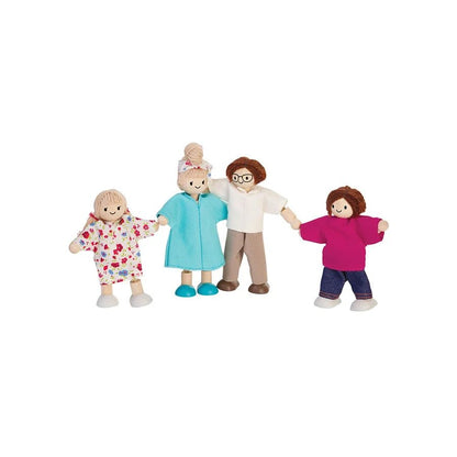 4 dolls lined up in a row on a white background