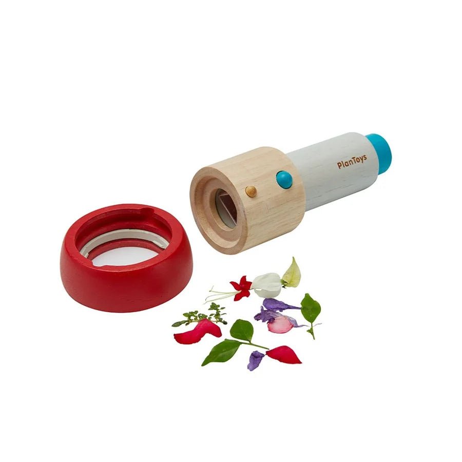PlanToys wooden kaleidoscope with the end unscrewed and a pile of flowers and leaves next to it on a white background