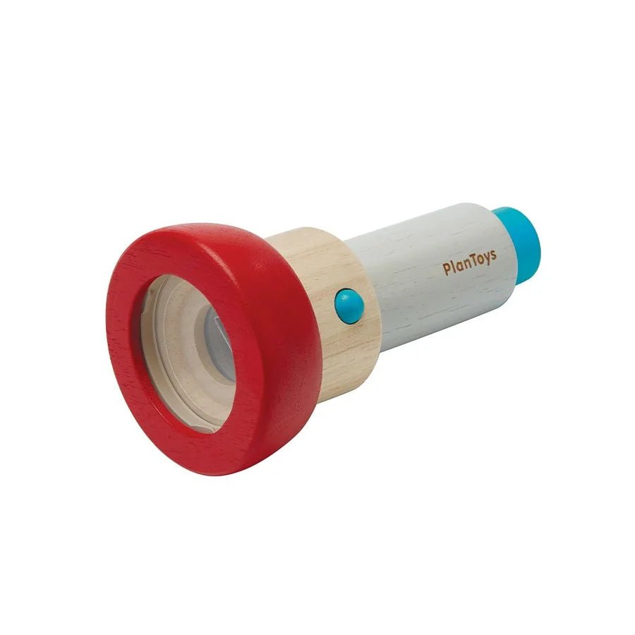 Wooden kaleidoscope with PlanToys branding on a white background