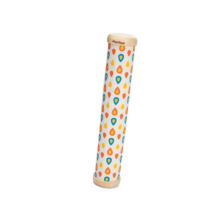Colorful rain maker toy with a tear drop pattern on a white background