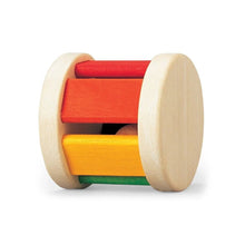 Wooden roller toy with red, orange, yellow, and green panels on a white background