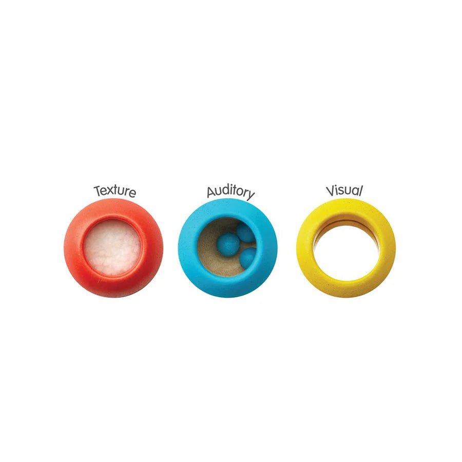 Three colorful sensory toys labeled 'Texture', 'Auditory', and 'Visual' on a white background.