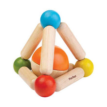 A wooden geometric toy structure with colorful painted balls and natural wood bars, shown on a plain white background. The brand name 'PlanToys' is printed on one of the wooden bars.
