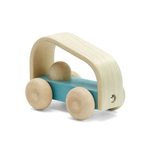 Side angle of blue wooden toy car