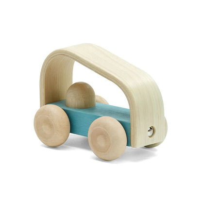 Side angle of blue wooden toy car