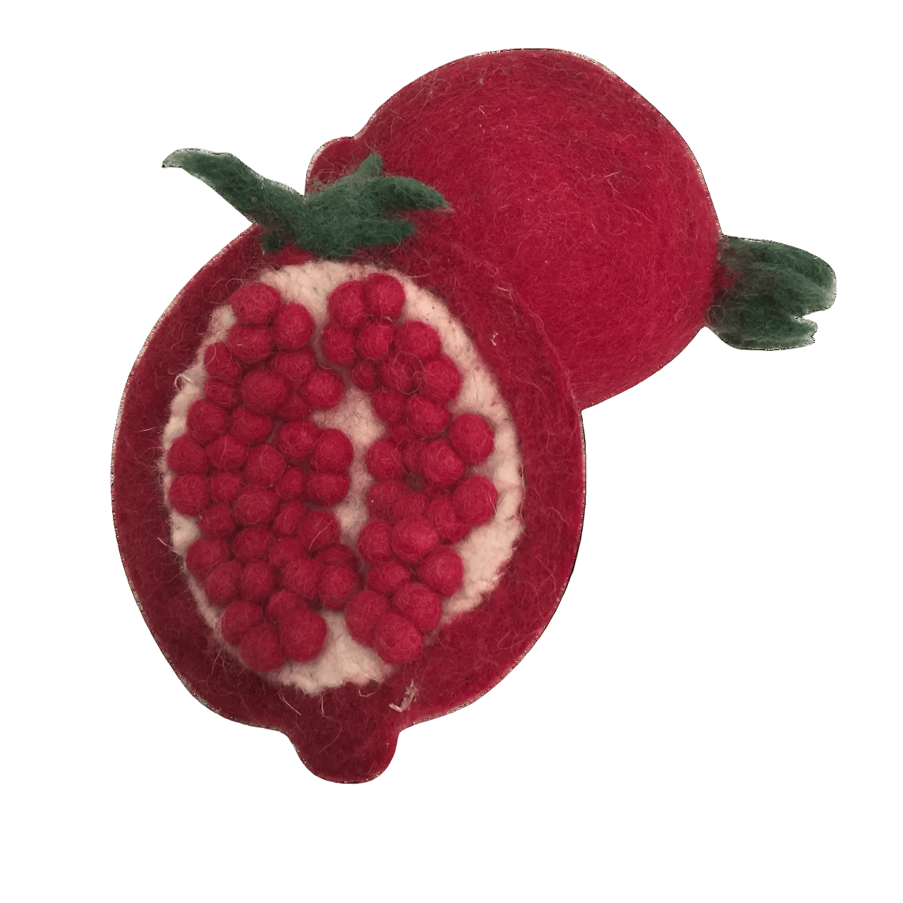 Two pieces of a felted pomegranate on a white background