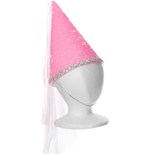 Pink conical hat with a veil on a mannequin head against a white background