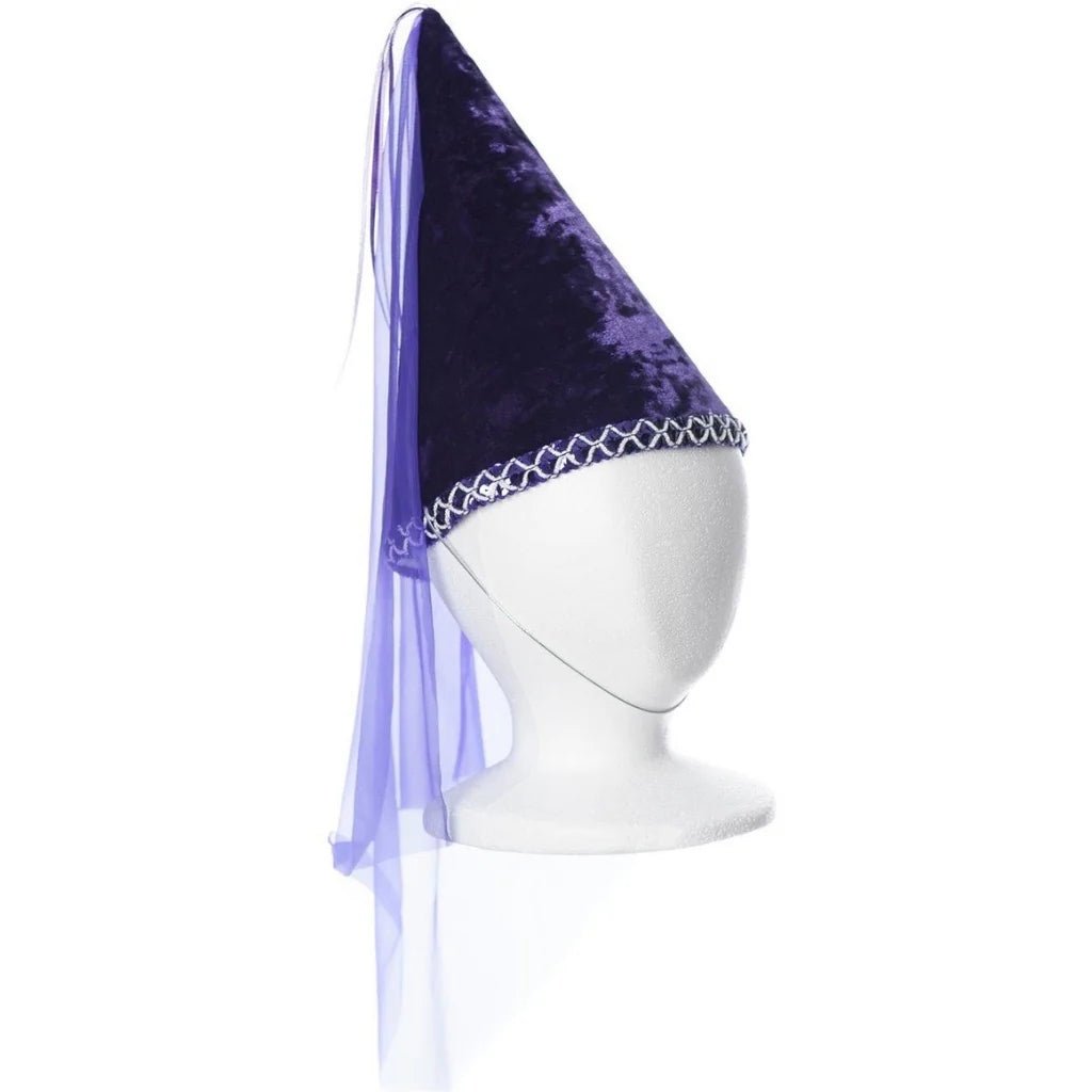 Purple pointed hat with a veil on a white mannequin head against a white background