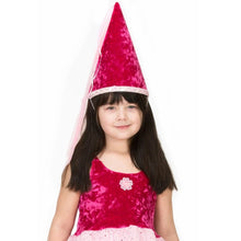 Young girl wearing a fuchsia crushed velvet pointed princess hat and dress on a white background