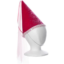 Fuchsia pointed princess hat with a pink train on a white mannequin head with a white background