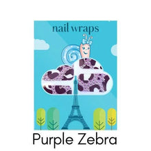 Snails brand packaging of Purple Zebra nail wraps with a cartoon character and Eiffel Tower illustration on a blue background.