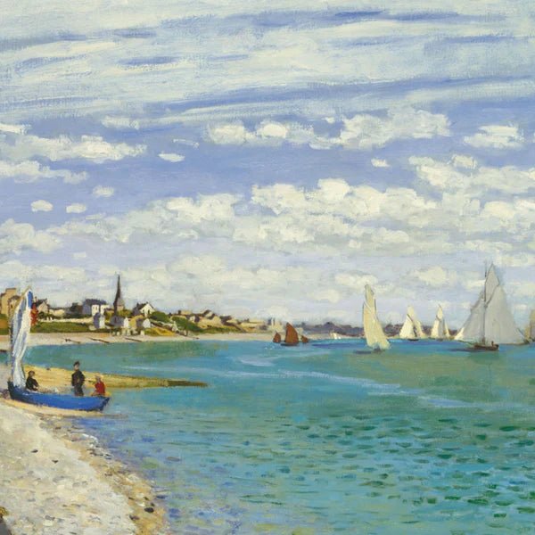 Painting of sailboats on a body of water with a beach and buildings in the background.