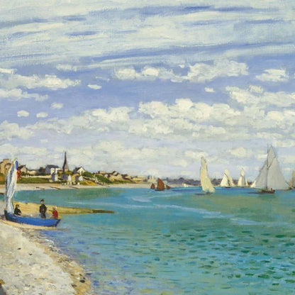 Painting of sailboats on a body of water with a beach and buildings in the background.