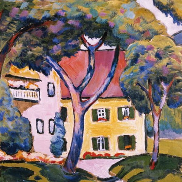 Colorful painting of a house with trees in the foreground