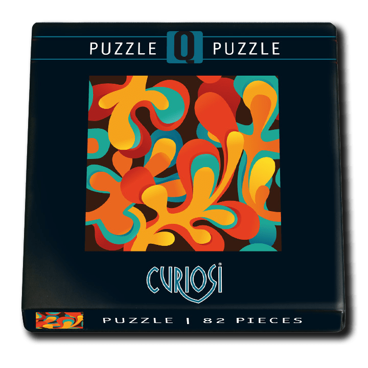 Puzzle box with colorful abstract design and 'Curiosi' branding on a white background