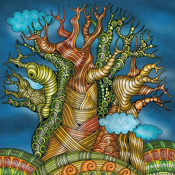 Colorful abstract drawing of a tree with intricate patterns