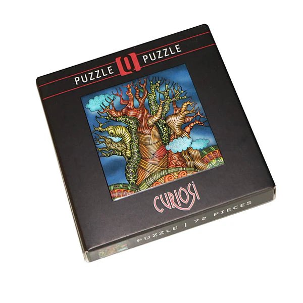 Jigsaw puzzle box with colorful tree design and 'Curiosi' branding on a white background