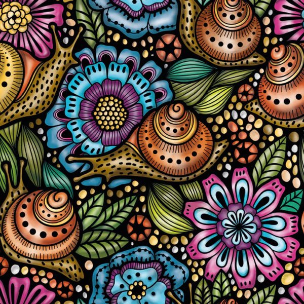 Colorful pattern of snails and flowers on a black background