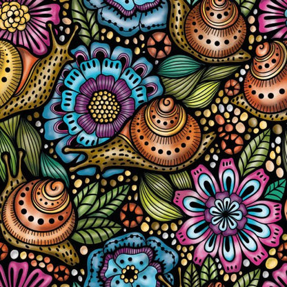 Colorful pattern of snails and flowers on a black background