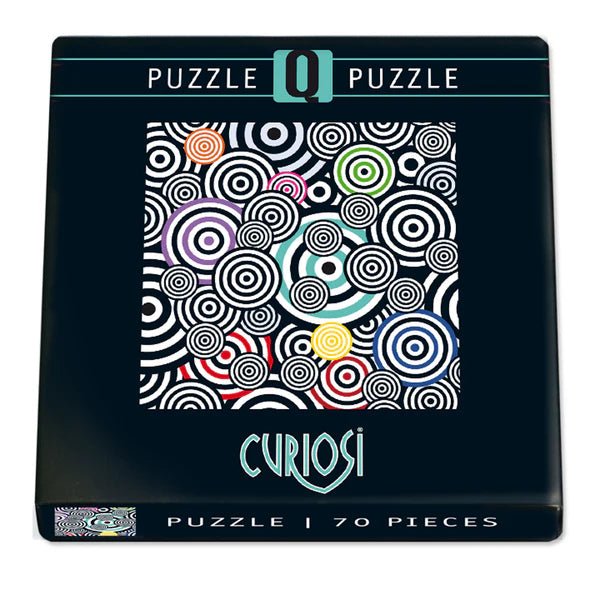 Black Curiosi brand Q Puzzle box with squiggle pattern on a white background