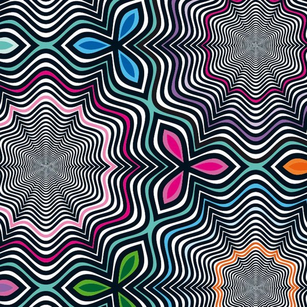 Pop art pattern with wavy lines and geometric shapes in multiple colors.