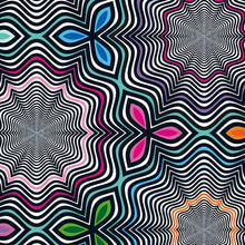 Pop art pattern with wavy lines and geometric shapes in multiple colors.