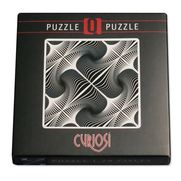 Black puzzle box with black and white pattern and 'Curiosi' branding on a white background