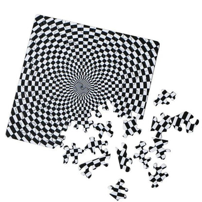 Checkered patterned puzzle with pieces scattered on a white background