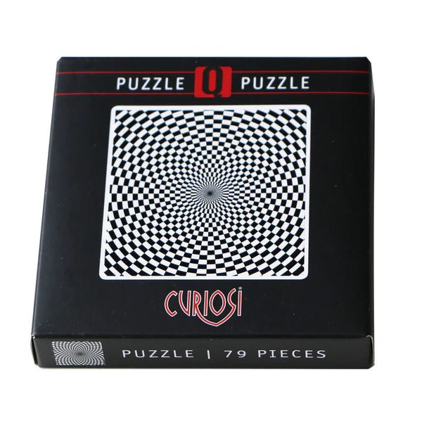 Black puzzle box with a checkered design and 'Curiosi' branding on a white background