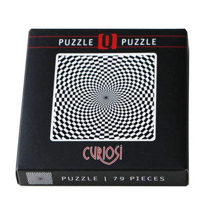 Black puzzle box with a checkered design and 'Curiosi' branding on a white background