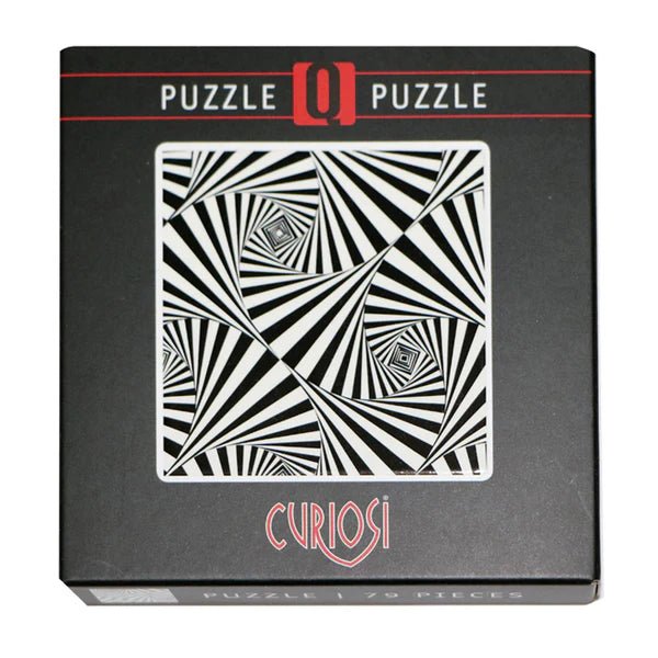 Puzzle box with black and white geometric design and 'Curiosi' branding.