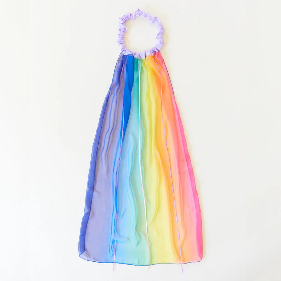 Rainbow veil with lavender hairband on a white background