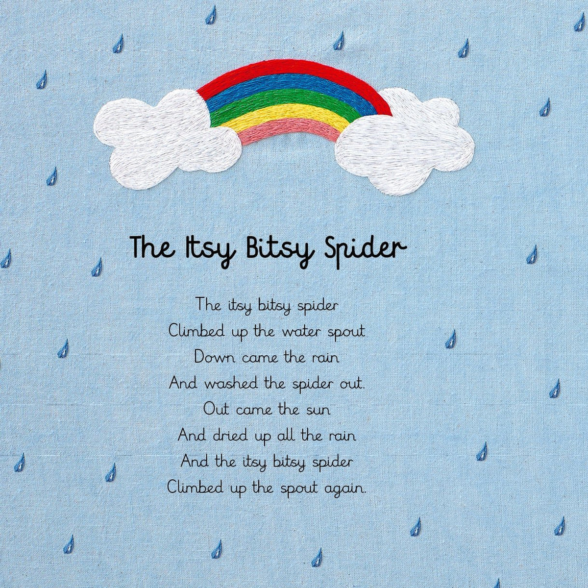 Illustration of raindrops and a rainbow, featuring the poem 'The Itsy Bitsy Spider'.