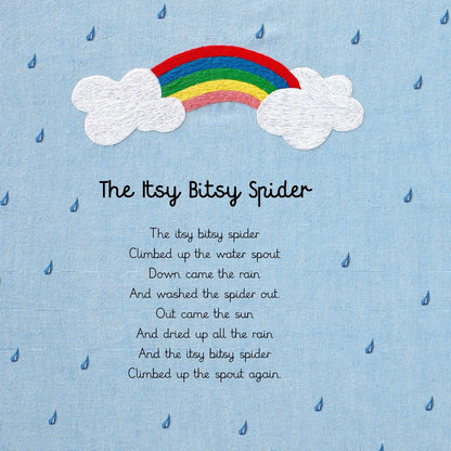 Illustration of raindrops and a rainbow, featuring the poem 'The Itsy Bitsy Spider'.