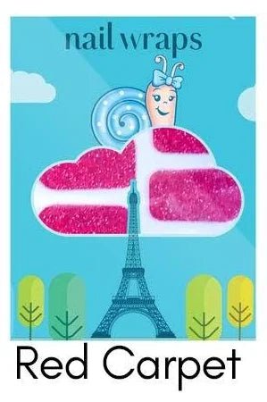 Snails brand Red Carpet nail wrap packaging with a cartoon snail and Eiffel Tower on a blue background