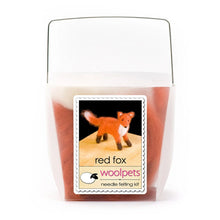 Frosted plastic box with materials to create a felted red fox with woolpets branding on a white background