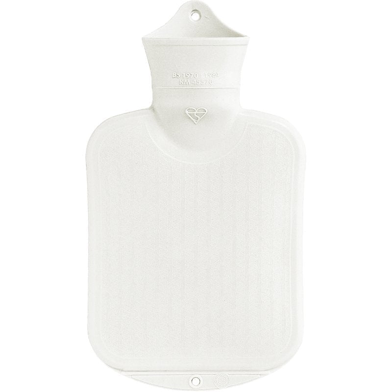 White hot water bottle with a visible brand logo on a white background