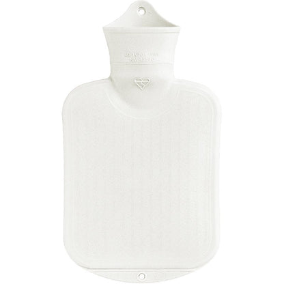 White hot water bottle with a visible brand logo on a white background