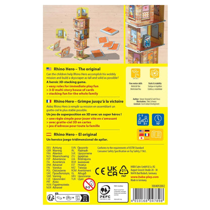 Back of a Rhino Hero game box with text and graphics