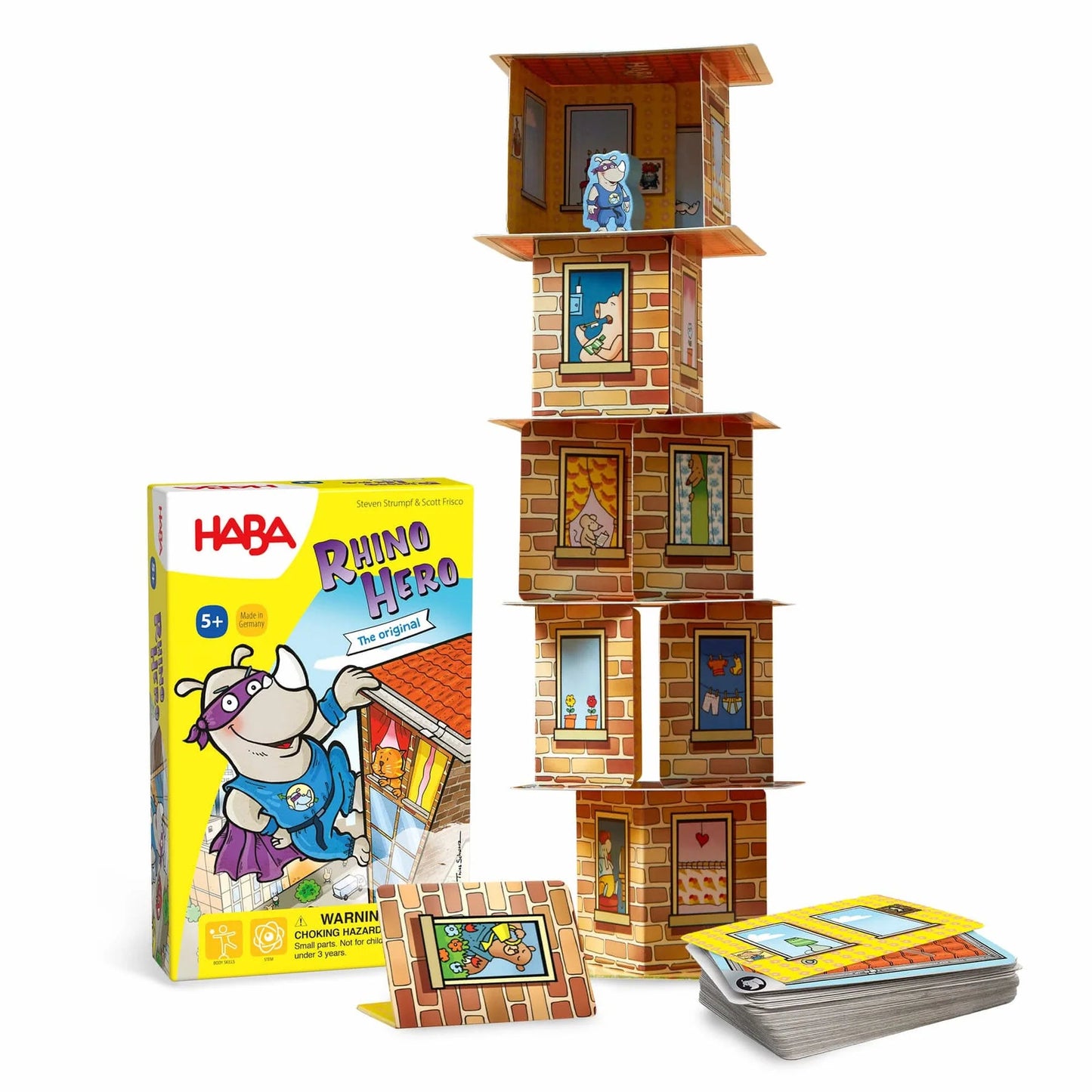 HABA Rhino Hero game with stackable cards and packaging on a white background