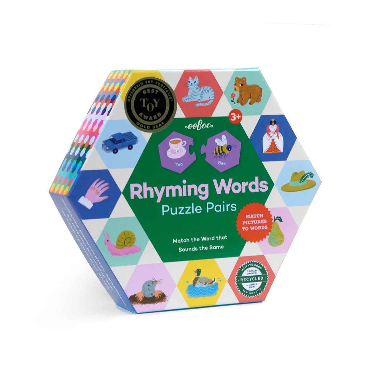Hexagonal box of 'Rhyming Words Puzzle Pairs' educational toy with colorful illustrations on a white background.