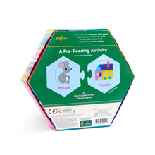 Hexagonal puzzle box with colorful pieces and a green label on a white background