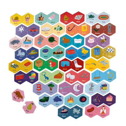 Hexagonal tiles with various illustrations and labels on a white background