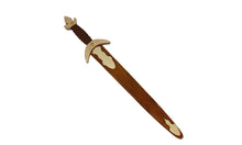 Wooden sword in dark stained sheath on a white background