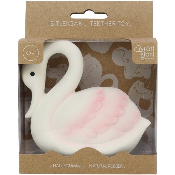 Swan-shaped teether toy in packaging with 'Rätt Start' branding.