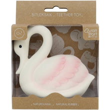 Swan-shaped teether toy in packaging with 'Rätt Start' branding.